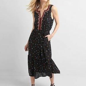 Gap Black Floral Embroidery Midi Tier Dress